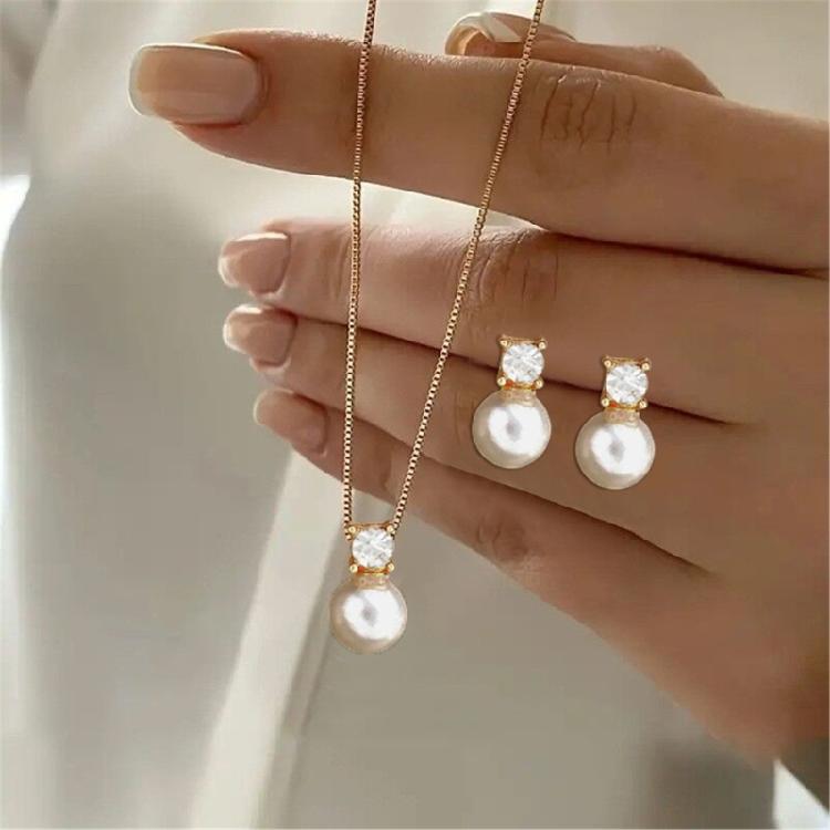 Dainty Pearls Pendant Necklace And Matching Earrings Set Handmade Accessories Gift For Bridal Party Or Anniversary