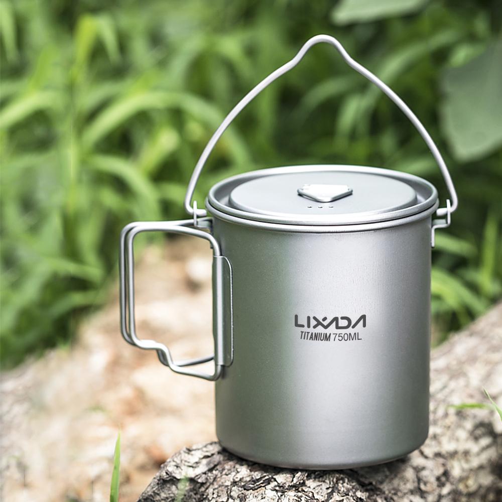 Lixada 750ml 900ml 1100ml Ultralight Titanium Pot Water Mug Cup with Lid and Foldable Handle Outdoor Camping Cooking