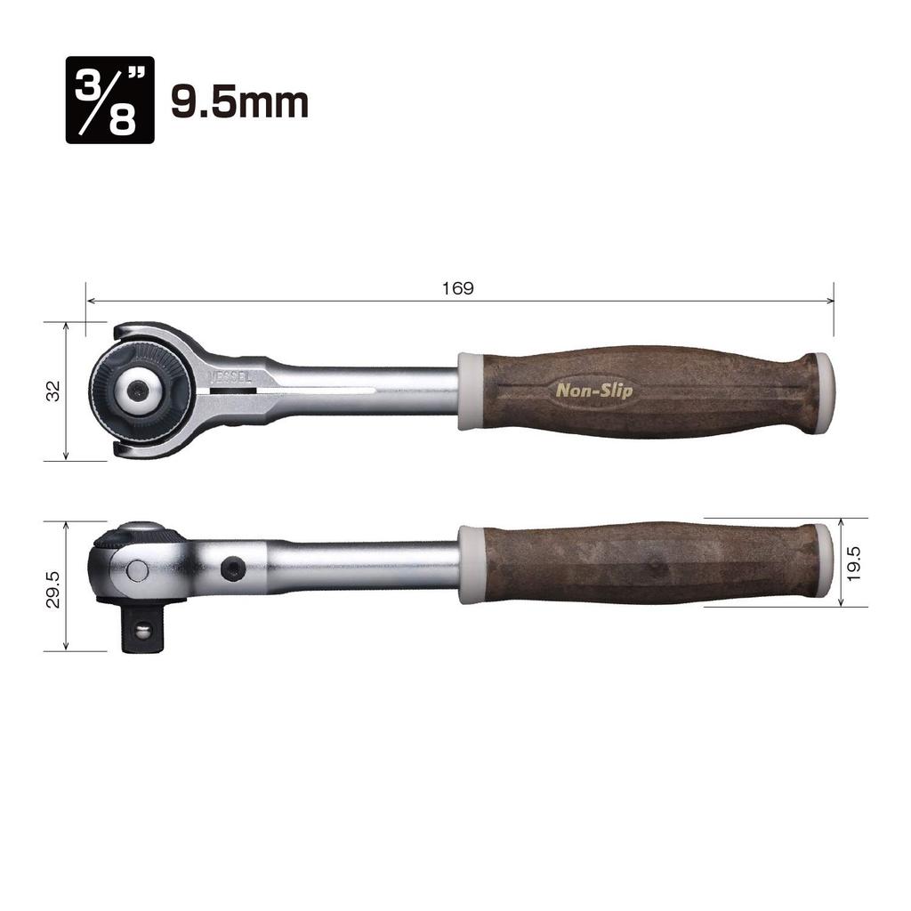 VESSEL Wooden Swivel Ratchet Handle with Non-Slip Grip, 3/8" (9.5mm) Drive, HRH3-SW