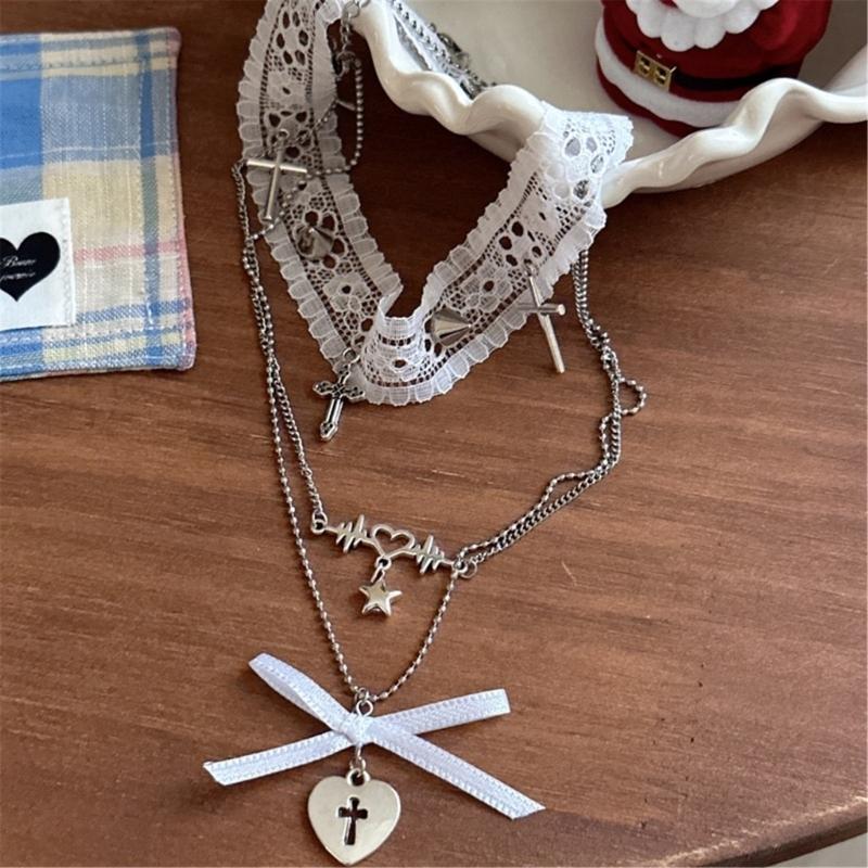 Fashion Neck Jewelry Pendant Necklace Lace Necklace Bowknot Necklace Fashion Star Pendant Necklace Gift for Women Girls