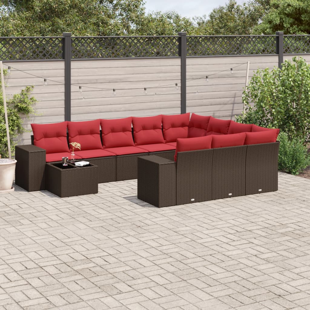 11 Piece Garden Sofa Set with Cushions Brown Poly Rattan