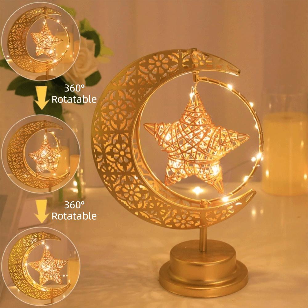 

Metal LED Moon Lamp Elegant Rotating Design Ramadan Desk Lamp Crescent Moon Golden Finish Night Light Middle Eastern Party