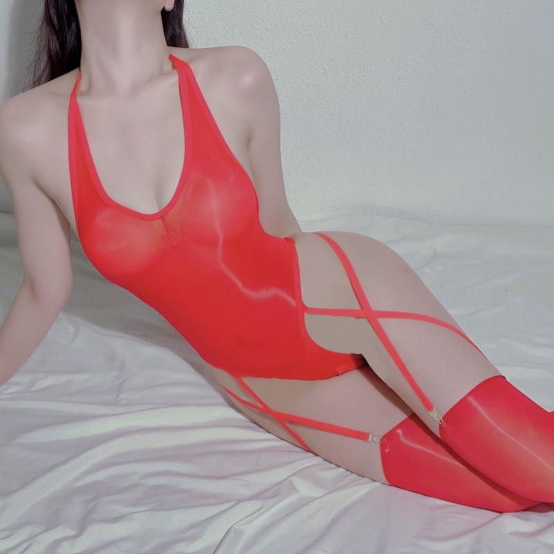 Women Sexy Lingerie Set Oil Shiny Split Body Stockings Temptation Transparent Nightwear 8D Stretchy Nylon Thigh High Stockings