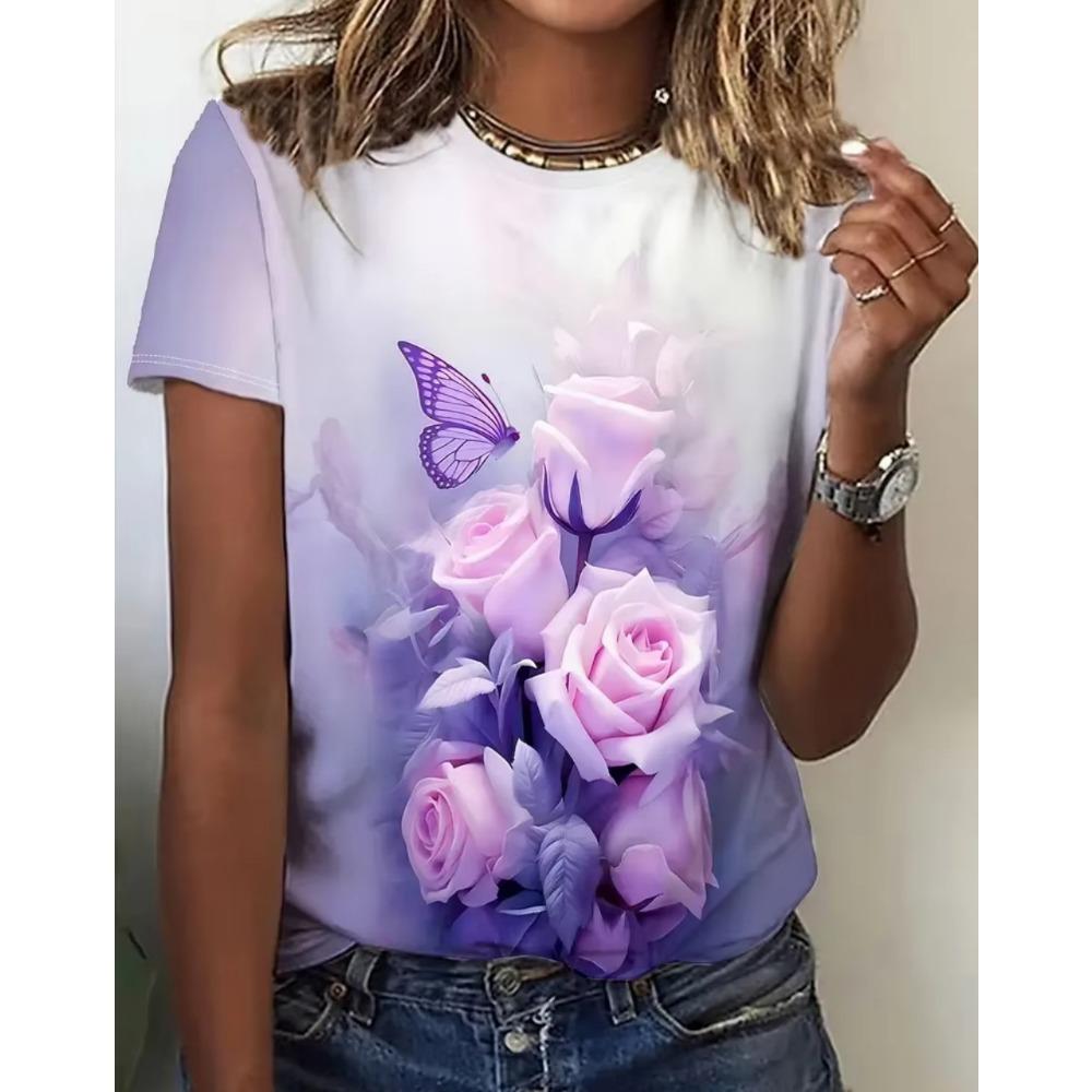 Summer Women's Casual Outdoor Round Neck Short Sleeve Tops Purple Flower Printed Style OverSize Fashion