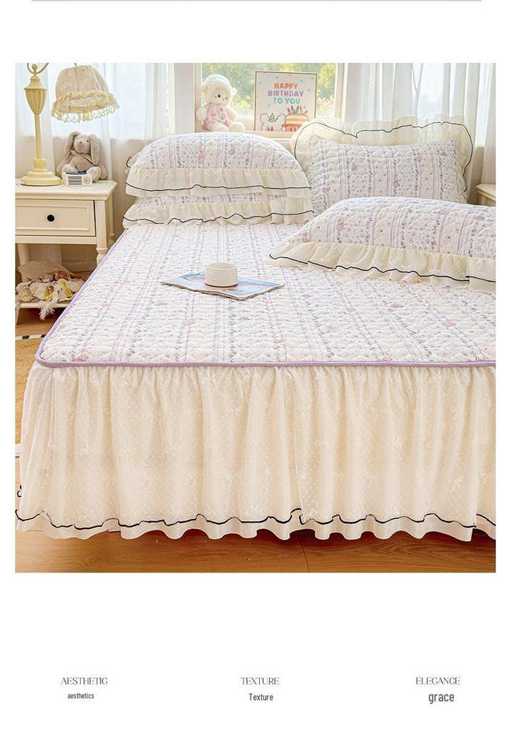 Korean Style Crinkled Gauze Quilted Bed Skirt with Fresh Lace Trim - Non-slip Home Bedding Set