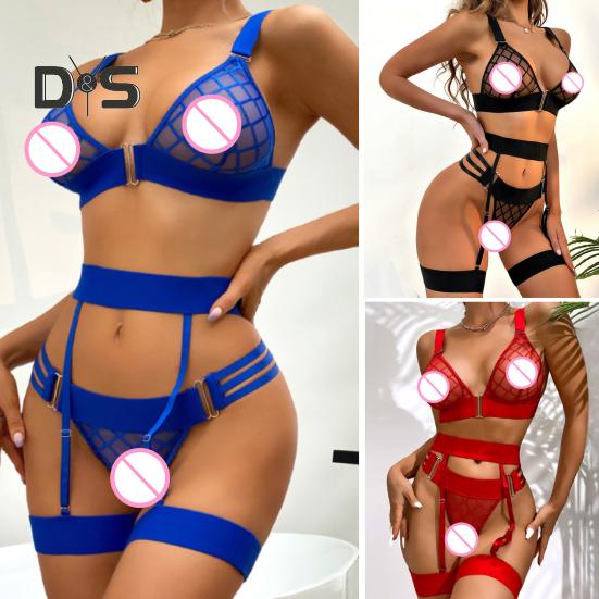 3 Pcs/Set Bra Briefs Set with Garter Fishnet Lace Multi Straps Hollow Out Thin High Waist Wedding Night Honeymoon Valentines Day Underwear Set