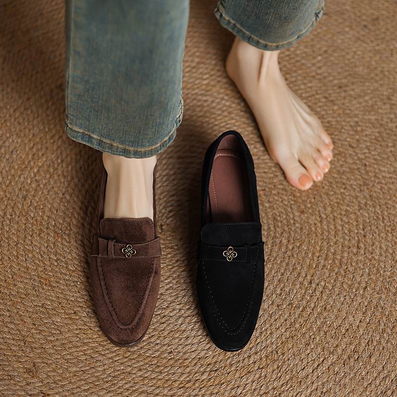 Krazing Pot Sheep Suede Autumn Winter Shoes Metal Decoration Loafers Med Heels Slip On Size 42 Round Toe Slip On Deep Mouth Pumps