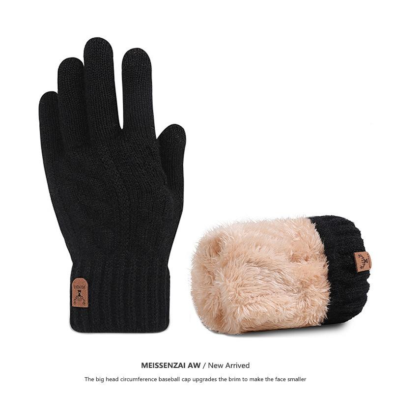 Warm Gloves for Men In Autumn and Winter Touch Screen Wool Knitted Electric Bike Riding and Driving Plus Velvet Thickening Students Prevent Cold