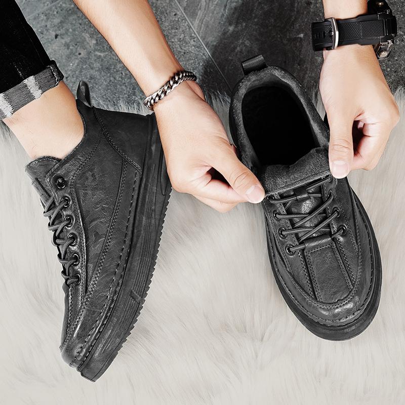 Fashion Men's Flat Shoes Running Sports Shoes with Thick Velvet and Warm Leather Shoes Fashionable and Versatile Casual Hiking Sports