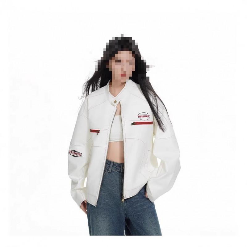 Mens White Cropped Leather Jacket Slim Fit Stand Collar Casual Streetwear Bomber Fall