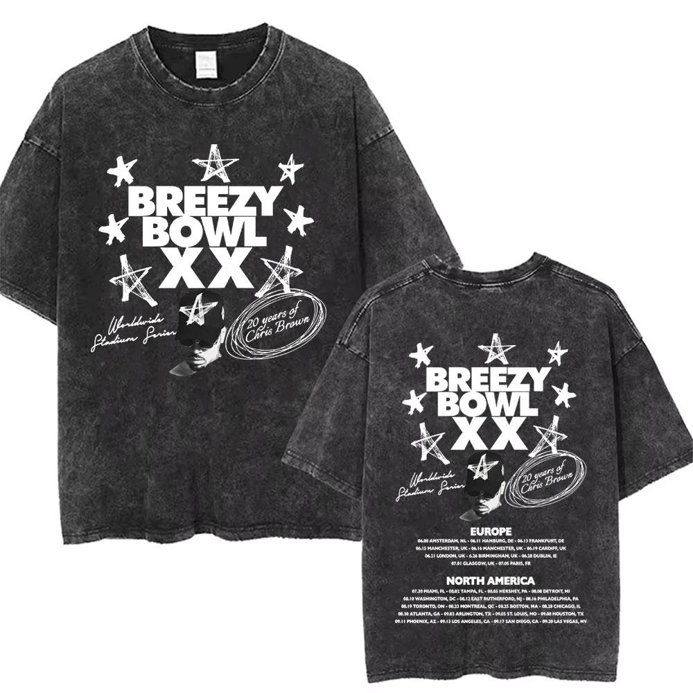 

Retro Washed Chris Brown Music Album Cover Print T Shirt Breezy Bowl XX Tour TShirt Unisex Women Hip Hop Fashion T Shirts M