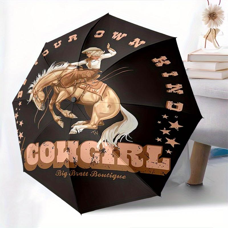 Cowgirl Automatic Folding Umbrella  Simple Eight Rib Design, Bright Color Pattern, Durable Iron Frame, Ideal for Travel and Outdoor, Beach a