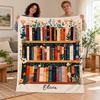 Personalized Bookshelf Blanket, Custom Name Flannel Throw, Floral Bookcase Design, Book Lover Gift, Cozy Reading Blanket, Librarian Gift