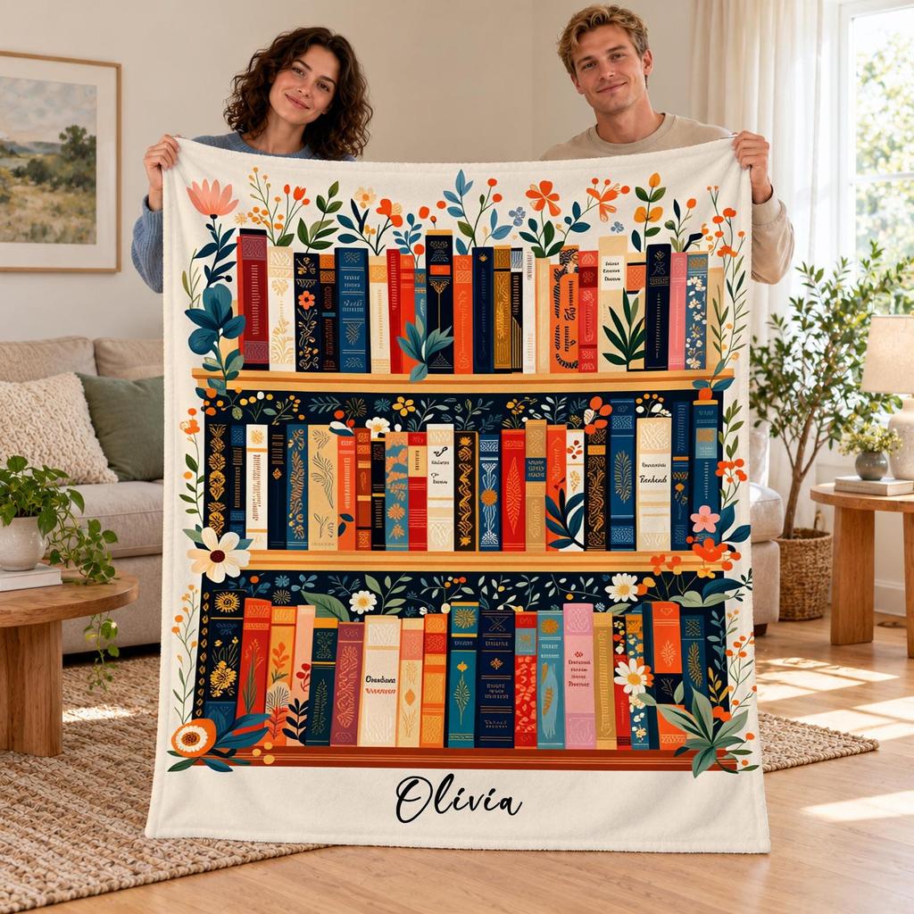 Personalized Bookshelf Blanket, Custom Name Flannel Throw, Floral Bookcase Design, Book Lover Gift, Cozy Reading Blanket, Librarian Gift