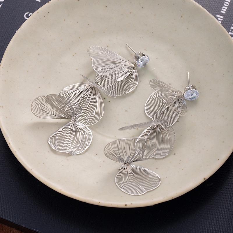 Hollow Metal Zircon Petal Tassel Earrings: 925 Silver Post, High-End Luxury