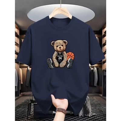 Herren Sommer 100% reine Baumwolle modisch lässig locker Übergröße Freizeit Bär bedruckt Sport Rundhals Kurzarm T-Shirt