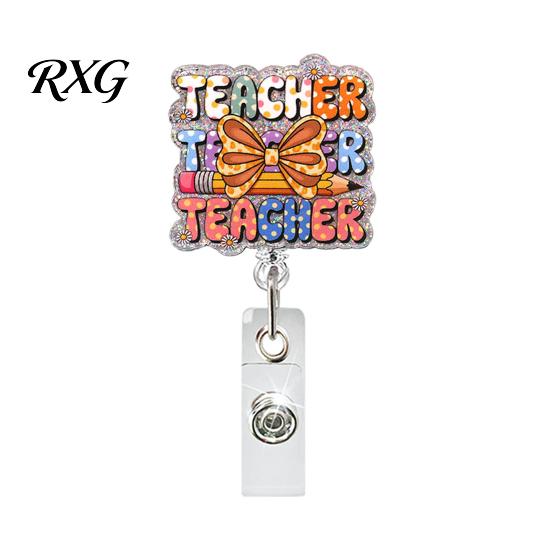 Retractable ID Card Reel Cute Glitter Badge Reels, Acrylic Holder with Clip, for Office Nurse Teacher Name Keychain Hook