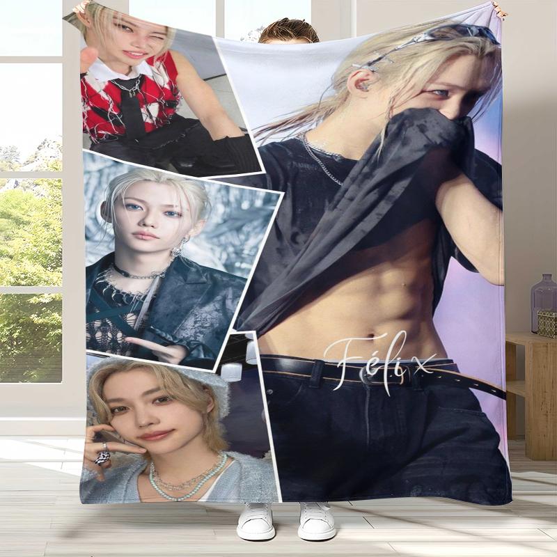 Felix Kpop Stray Kids Flannel Blanket,Ultra Soft Warm Plush Throw for Home Bedroom Bed Sofa Cover Camping Picnic Gift