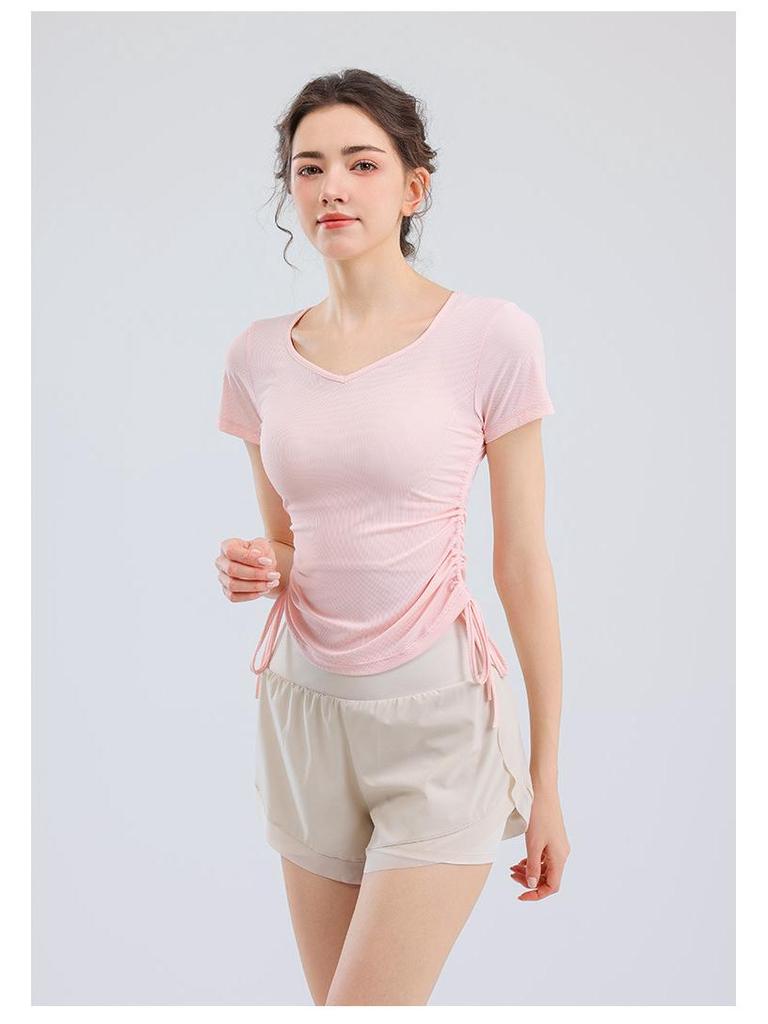 Women's V-Neck Short Sleeve Sports T-Shirt - Solid Color, Breathable, Slimming Fitness Top for Spring/Summer.