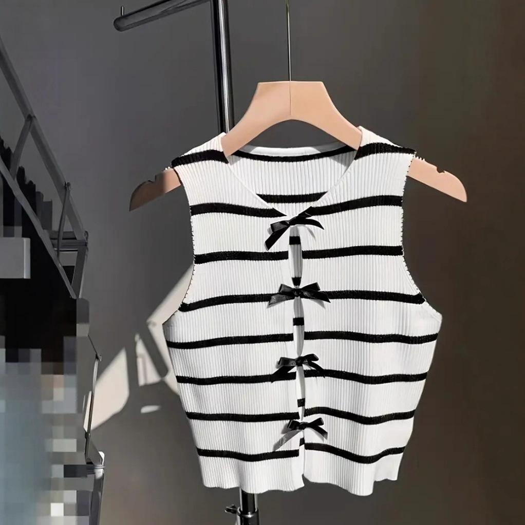 Women Striped Bow Knot Sleeveless Knit Casual Crop Vest S