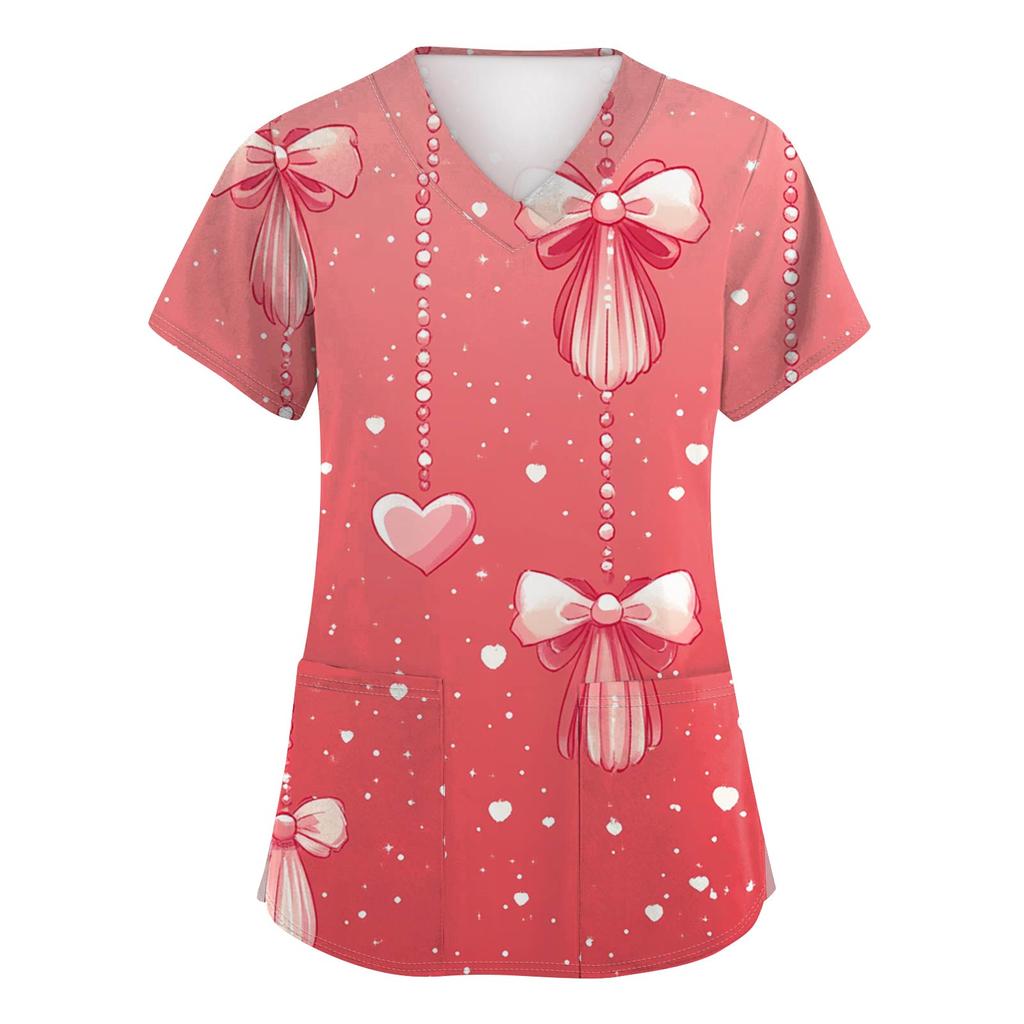 Women's Fashion V-Neck Short-Sleeved Workwear With Pockets Valentine's Day Printed Top Caregiver Uniform