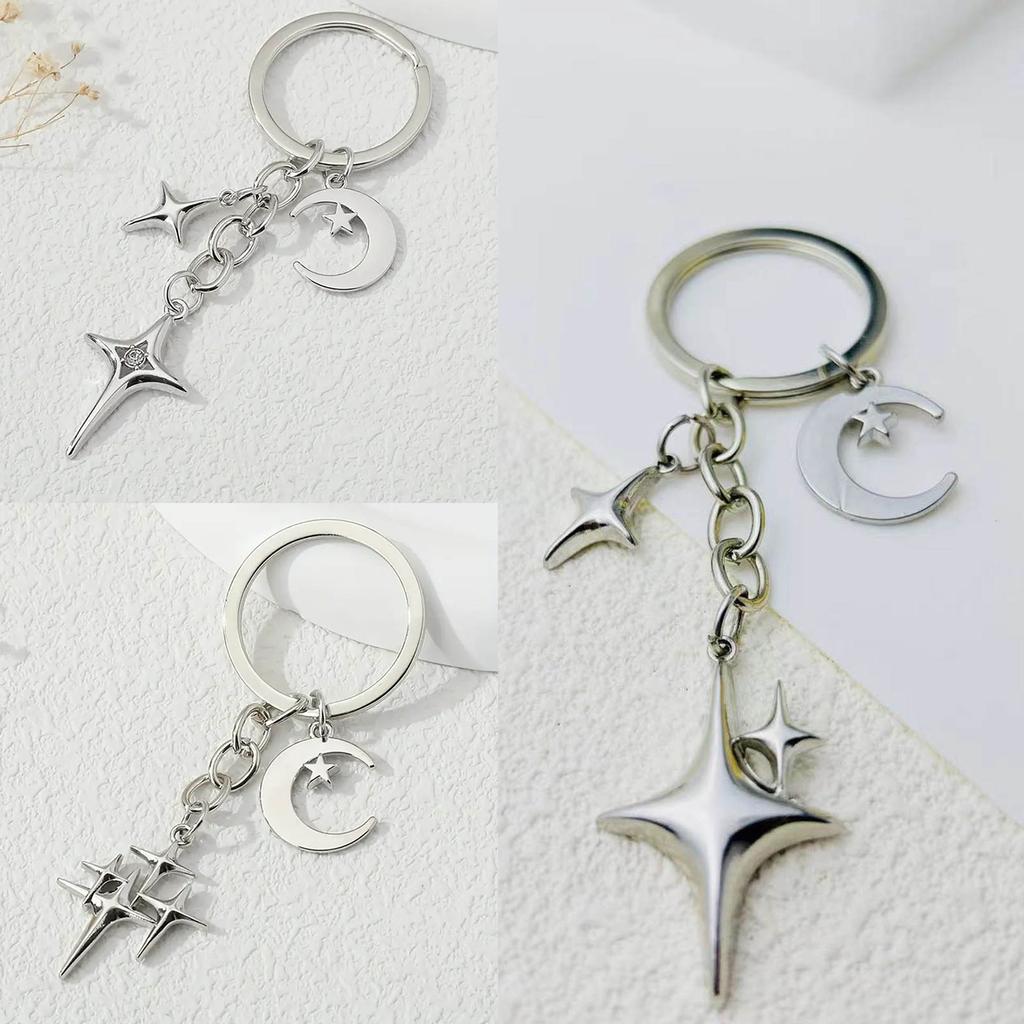 Crescent Moon Four-pointed Star Female Car Keys Chain Rings Bag Pendant for Gift