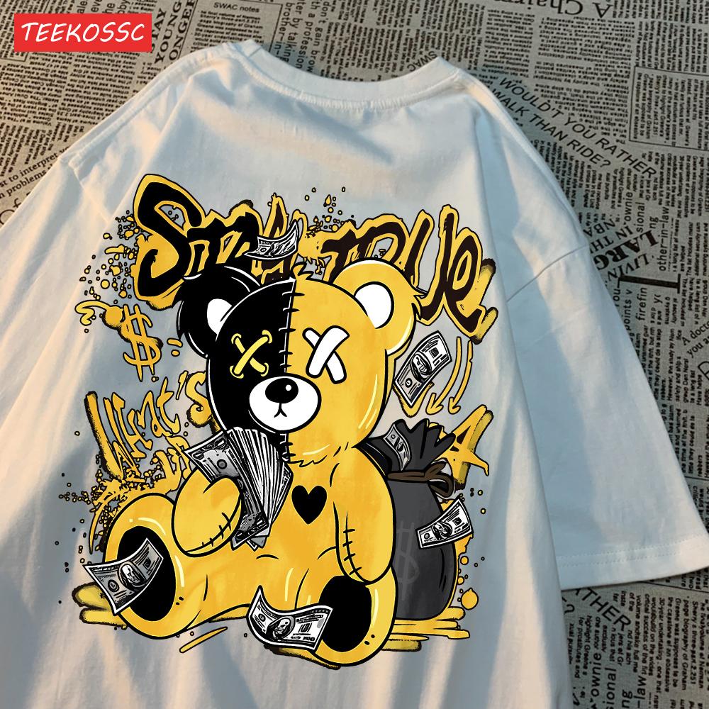 Street Cotton Womans T-Shirts Bear Cartoon Pattern Printing Tops Oversize O-Neck Soft Short Sleeve Summer Casual Female Clothes