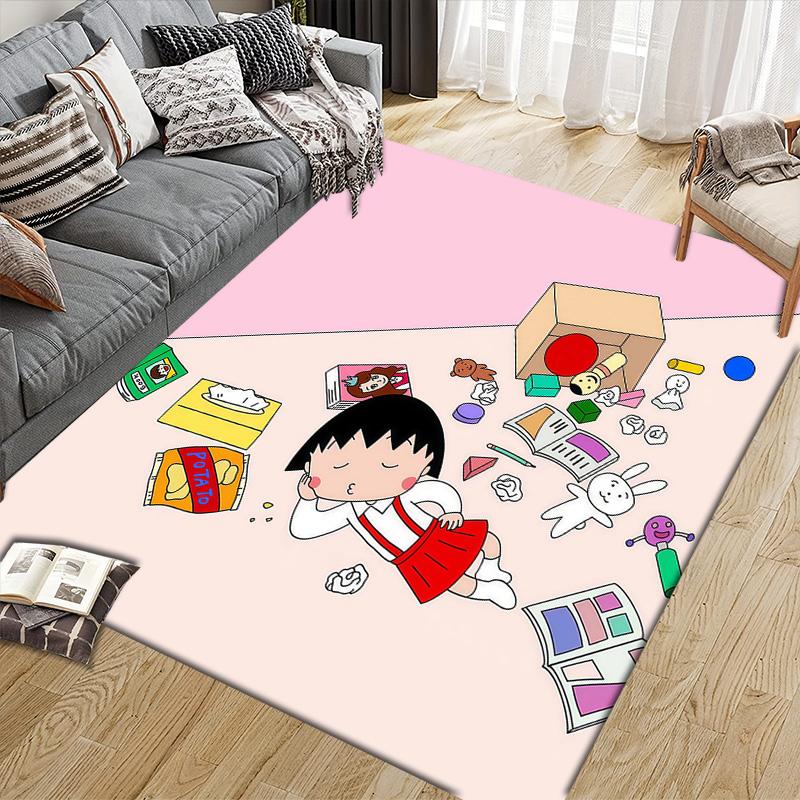 Chibi Maruko‑chan2 Flannel Pattern Square Carpet,Area Rug,Carpet Rug for Living Room Bedroom Sofa Playroom Decor,Non-slip Floor Mat