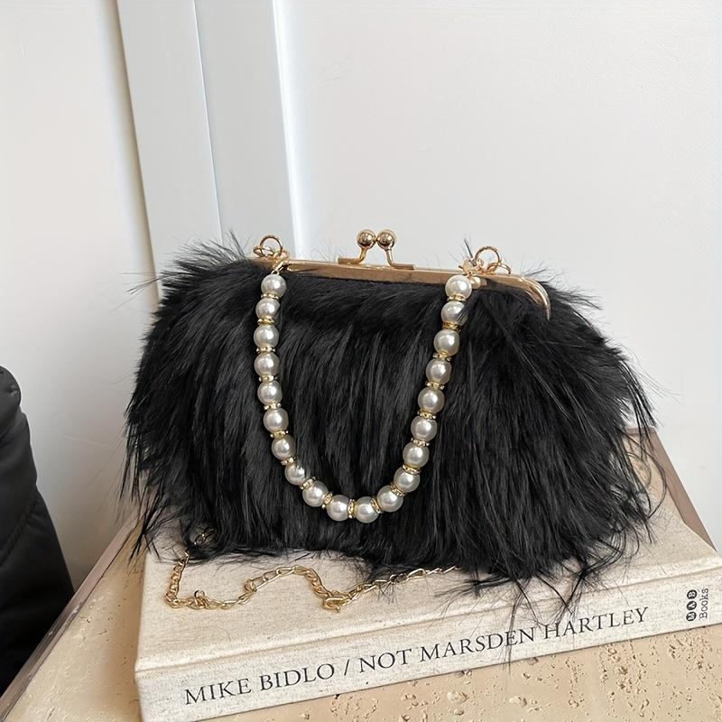 Geantă Satchel Elegantă din Blană Artificială cu Mâner de Perle Geantă de Seară Pufoasă și Moale Portofel de Damă la Modă Geantă de Mână Culoare Solidă cu Închidere Tip Kiss