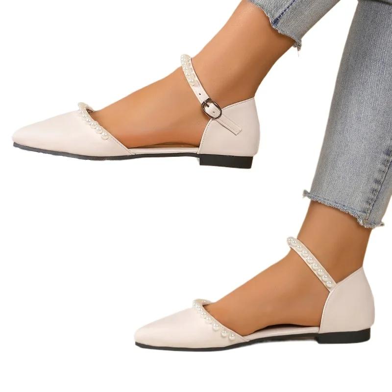 Damen Schuhe Geschlossene Zehen Damen Sandalen Prägnante Alltags-Sandalen Damen Spitzzehen Riemchen Perlen Schnalle Riemen Blockabsatz Schuhe