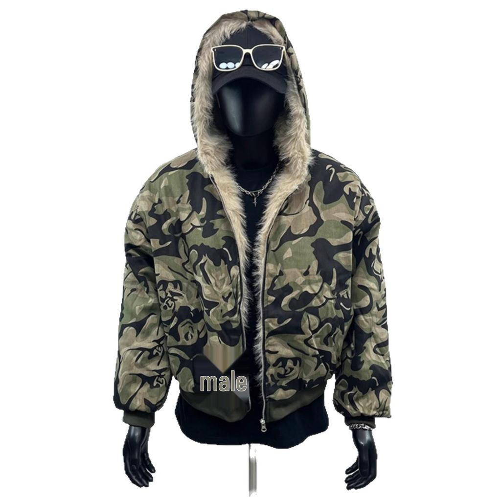 Men's Retro Camouflage Fur Collar Hooded Jacket