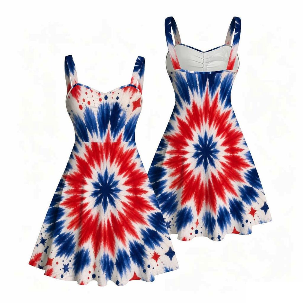 Women Plus Size Spaghetti Strap Off Shoulder Dress Tie Dye Mandala Patriotic Print Swing Dress