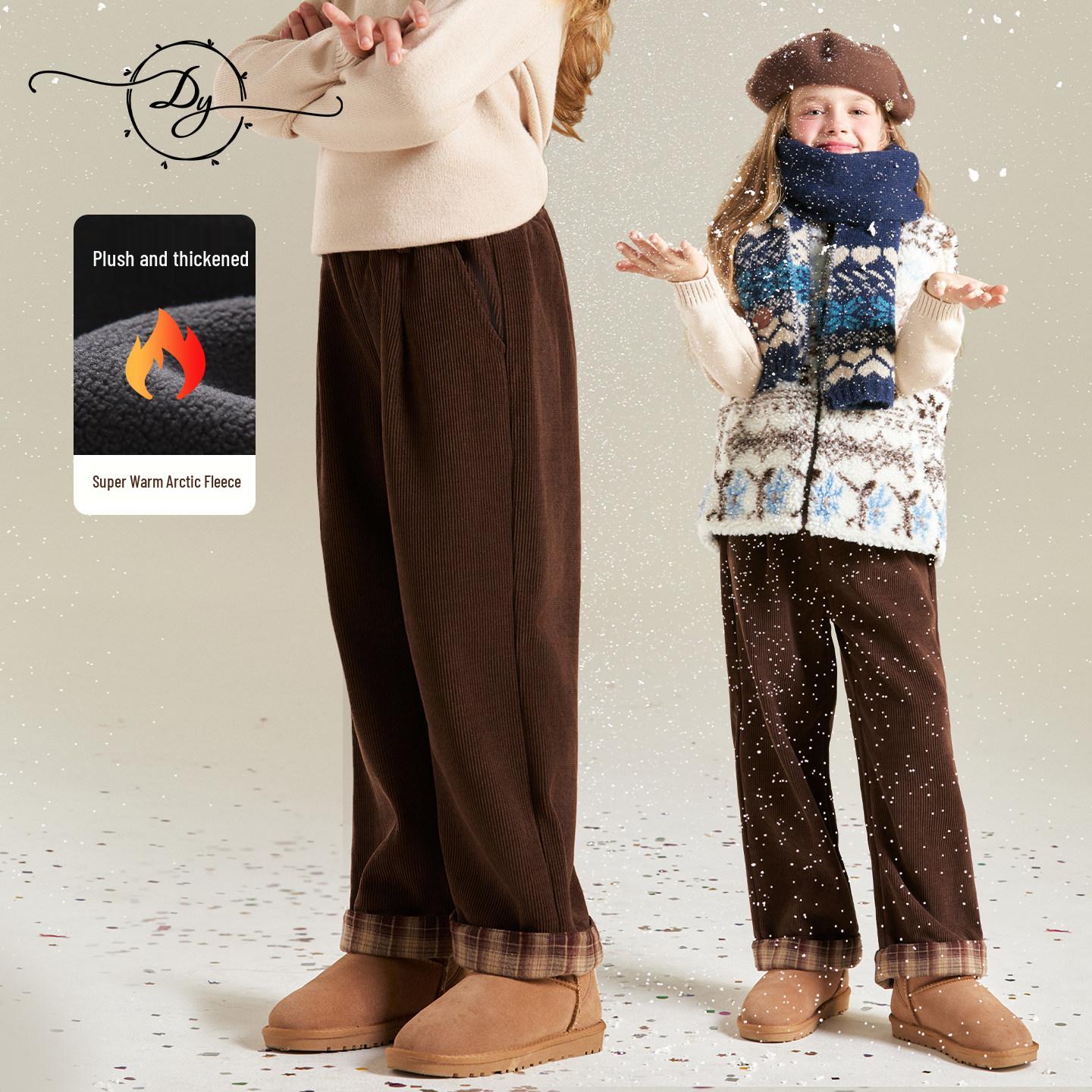 Girls  Coral Fleece Warm Corduroy Wide-Leg Pants - Winter Campus Wear for Kids 160 cm