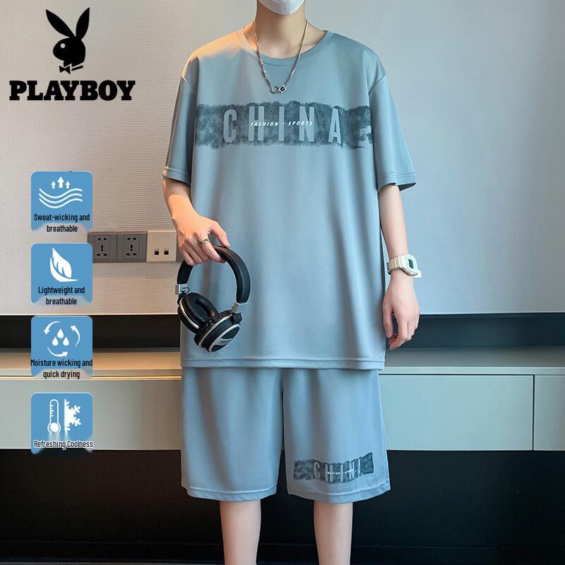 

PLAYBOY Men s Ice Silk Short Sleeve T-Shirt & Shorts Set 5XL