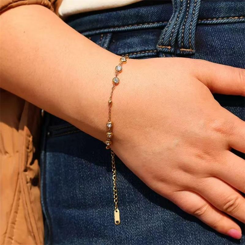Stainless Steel Round Sparkling Zirconia Bracelet for Women Fashion Fine Wrist Chain Waterproof Jewelry Lady Gift