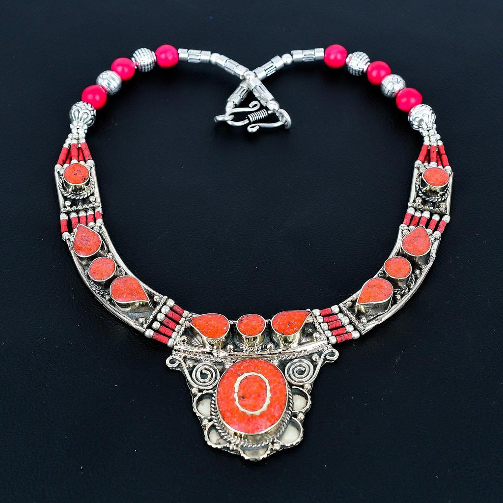 Rote Koralle 925 Sterlingsilber Halskette Tibetische Silber Halskette Böhmische Antike Halskette Handgefertigter Schmuck Nepalesische Halskette Geschenk für Ehefrau