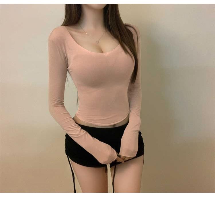 Korean Women's Soft Slimming U-neck Long Sleeve T-shirt
