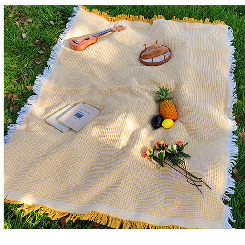 Waffle Tassel Picnic Blanket, Ins Style Breathable Linen Camping Mat, Decorative Beach Throw Blanket