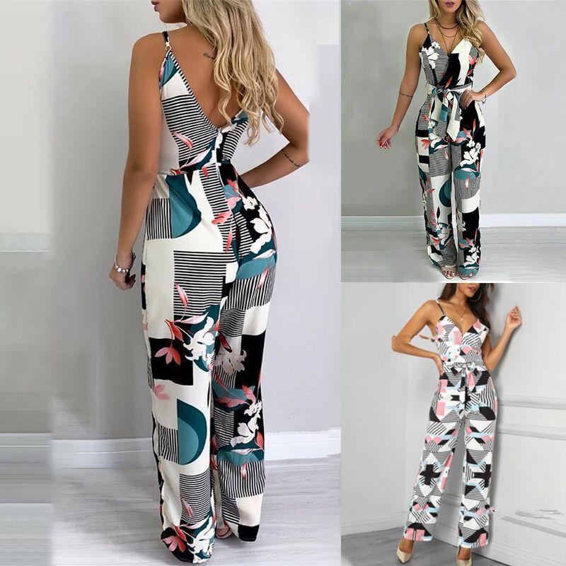 Elegant Multicolor Women Strappy Wide Leg Long Playsuit With V-neck Design