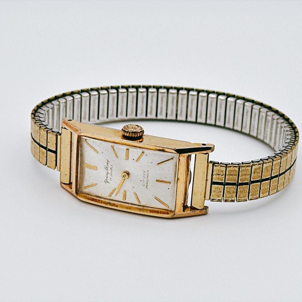 Used vintage CITIZEN PARASHOCK ladies watch bracelet watch gold rectangular 17 jewels 60s