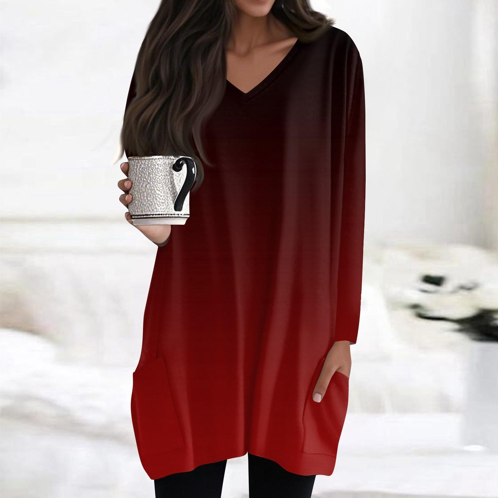 

Womens Tops V-neck Long Sleeve Blouses Casual Mid-length Shirts Fashion Print Tunic Tops With Pockets XL винний