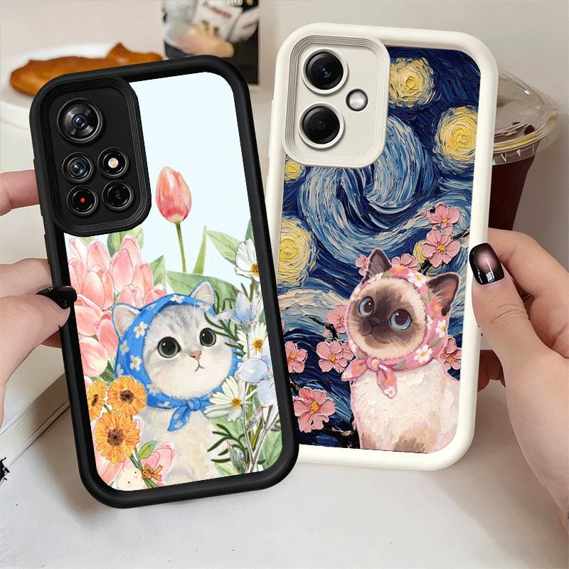 Cute Floral Headscarf Kitten Soft Phone Case for Xiaomi Poco X7 X6 X5 Pro X4 Gt X3 F7 Ultra M8 M7 Redmi 15C 15 14C 13 13C 12 12C