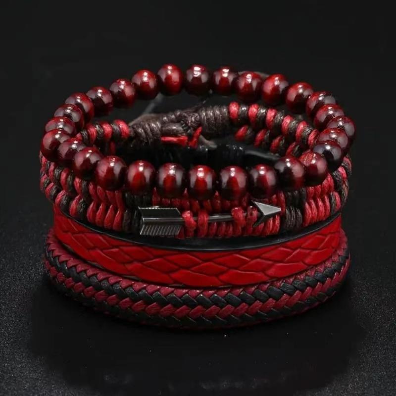 4Pcs/Set  Vintage Men'S Leather Bracelet Cupid'S Arrow Wooden Beaded Leather Hand Woven Retro  Bracelets For Men