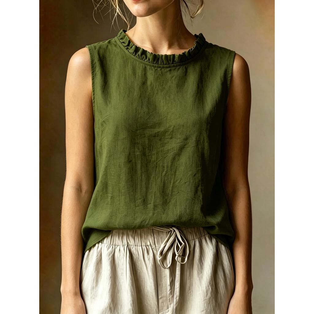 Women's Loose Slimming Round Neck Sleeveless Blouse Casual Solid Fashion Summer Top