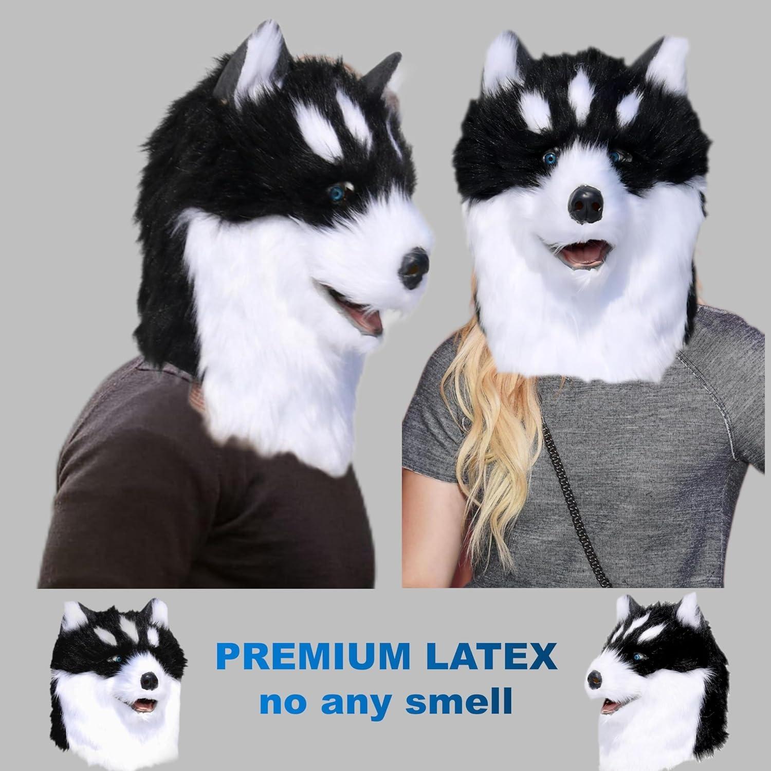 Black and white plush husky latex mask One size fits all adults белый