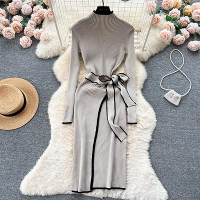 Elegant Contrast Ribbed Knitted Bodycon Long Dress Women Autumn Winter With Belt Bandage Streetwear Stretch Lady Dresses