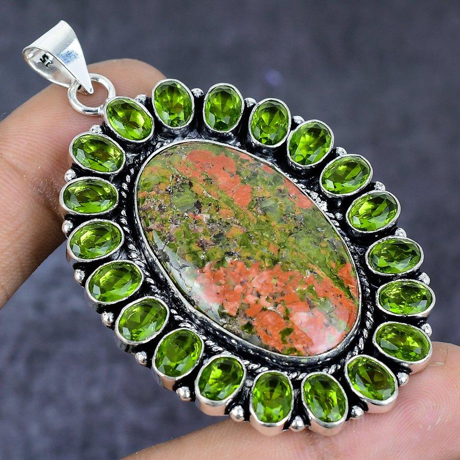 Natürlicher Unakit, Peridot Edelstein 925 Sterling Silber Schmuck Anhänger 2,64" ETC-13790