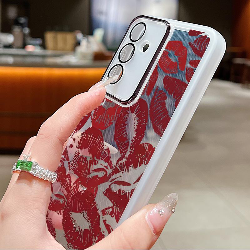 Carcasă de telefon transparentă subțire cu model de buze roșii pentru Samsung S25 Ultra S24 FE S23 Plus A56 A36 A16 A55 A15, folie de protecție pentru lentilă, rezistentă la șocuri, silicon moale, capac