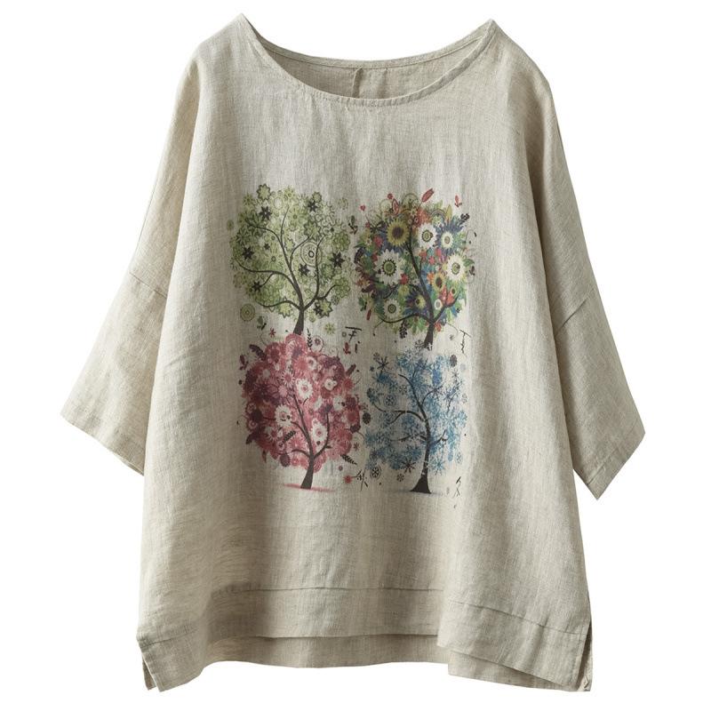 1116 New retro printed linen top women's loose pullover short-sleeved women's casual literary linen T-shirt