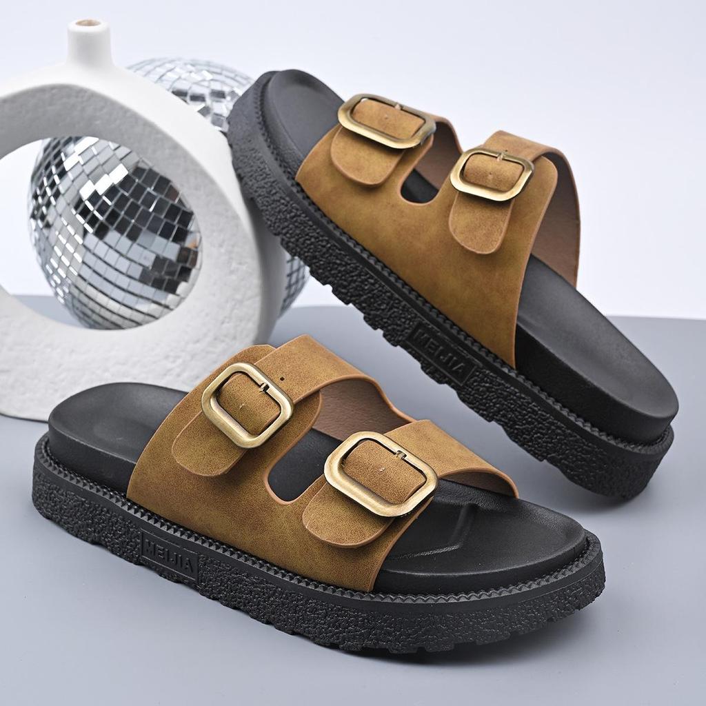 Leopard Print Cross Rivet Thick-Soled Women's Slippers - Summer 2025 European American Fashion with Single Strap Buckle in Plus Sizes.